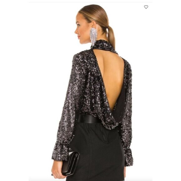 Free People moonstruck Sequin Long Sleeve Blouse  Open Back bell sleeve size XL - Picture 6 of 10